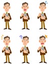 Middle-aged and elderly businessman operating a smartphone, 6 different facial expressions, whole body