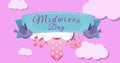 Image of midwives day and ribbon with baby clothes and birds over pink background with clouds