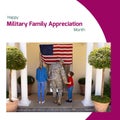 Image of military family appreciation month over back view of caucasian family at house Royalty Free Stock Photo