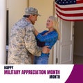 Image of military family appreciation month over caucasian wife welcoming soldier husband Royalty Free Stock Photo