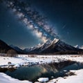 Milky Way over snowy mountains and lake at night. Landscape with snow covered high rocks, purple starry sky, Royalty Free Stock Photo