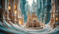 Image of a miniature fantasy castle, surrounded by a swirling, white, abstract structure. The image is stylized and