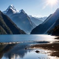 Mitre Peak reflection on Milford sound water in Fiordland National Park, in the south Island of New Zealand. Royalty Free Stock Photo