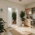 mock up of beautiful apartment an open folding door of kitchen and dining room, morning sunlight and window frame shadow