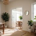 mock up of beautiful apartment an open folding door of kitchen and dining room, morning sunlight and window frame shadow