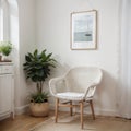 Mock up frame in home interior background, white room with natural wooden furniture, Scandi-Boho style, Royalty Free Stock Photo