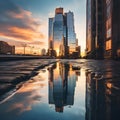 image of modern building structure reflection flawlessly captured inside the water puddle. Royalty Free Stock Photo