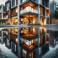 image of modern building structure reflection flawlessly captured inside the water puddle. Royalty Free Stock Photo
