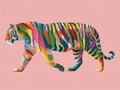 The image is a modern illustration of a tiger in rainbow colors, walking in a calm manner Royalty Free Stock Photo