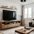 modern interior of a living room in an apartment with yellow armchairs and a TV area direct angle to the TV stand and TV