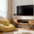 modern interior of a living room in an apartment with yellow armchairs and a TV area direct angle to the TV stand and TV