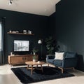 Modern interior of living room with cabinet and armchair on dark blue wall background ing Royalty Free Stock Photo
