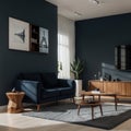Modern interior of living room with cabinet and armchair on dark blue wall background ing Royalty Free Stock Photo