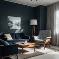 Modern interior of living room with cabinet and armchair on dark blue wall background ing Royalty Free Stock Photo