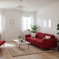 Modern interior of living room with red sofa white cushions and vase with branch panorama ing Royalty Free Stock Photo