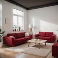 Modern interior of living room with red sofa white cushions and vase with branch panorama ing