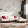 Modern interior of living room with red sofa white cushions and vase with branch panorama ing Royalty Free Stock Photo