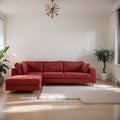 Modern interior of living room with red sofa white cushions and vase with branch panorama ing Royalty Free Stock Photo