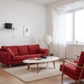 Modern interior of living room with red sofa white cushions and vase with branch panorama ing Royalty Free Stock Photo