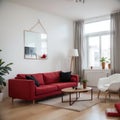 Modern interior of living room with red sofa white cushions and vase with branch panorama ing Royalty Free Stock Photo