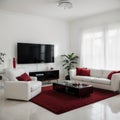 Modern interior of living room with red sofa white cushions and vase with branch panorama ing Royalty Free Stock Photo