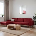 Modern interior of living room with red sofa white cushions and vase with branch panorama ing Royalty Free Stock Photo