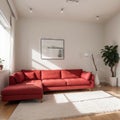 Modern interior of living room with red sofa white cushions and vase with branch panorama ing Royalty Free Stock Photo