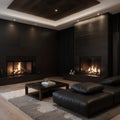 Modern interior with wooden wall ceiling and black stone fireplace