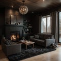 Modern interior with wooden wall ceiling and black stone fireplace