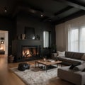 Modern interior with wooden wall ceiling and black stone fireplace