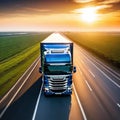 image of modern large trailer driving down an empty road at Logistics Freight Fast