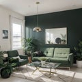 Modern living room interior with workplace near green wall Royalty Free Stock Photo