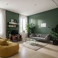 Modern living room interior with workplace near green wall Royalty Free Stock Photo