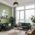 Modern living room interior with workplace near green wall Royalty Free Stock Photo