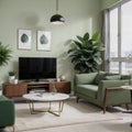 Modern living room interior with workplace near green wall Royalty Free Stock Photo