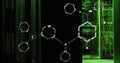 Image of molecule structures over illuminated server room in background Royalty Free Stock Photo