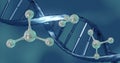 Image of molecules moving over dna strand spinning Royalty Free Stock Photo