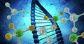 Image of molecules moving over dna strand spinning Royalty Free Stock Photo