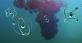 Image of molecules over red liquid on blue background Royalty Free Stock Photo