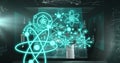 Image of molecules and scientific data processing over black background Royalty Free Stock Photo