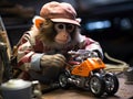 Monkey mechanic working on toy car 6 words