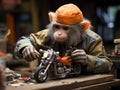 Monkey mechanic working on toy car 6 words