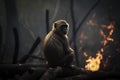 Image of monkey exhausted in the midst of wildfires and smoke. Wildlife Animals. Illustration. Generative AI