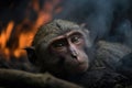 Image of monkey exhausted in the midst of wildfires and smoke. Wildlife Animals. Illustration. Generative AI