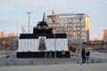 Monument `tank t 34` on the central square of Kandalaksha in April 2022 in Russia