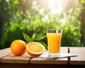 morning breakfast with orange juice cup of coffee and orange fruit on a wooden table. Royalty Free Stock Photo