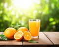 morning breakfast with orange juice cup of coffee and orange fruit on a wooden table. Royalty Free Stock Photo