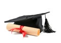 Mortar board and diploma on white background. Concept of high school graduation Royalty Free Stock Photo