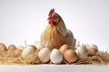 Image of mother hen is incubating eggs on white background. Farm animals. Generative AI