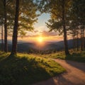 a mountain forest landscape under the evening sky.